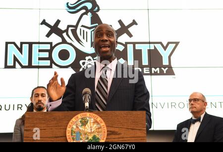 Kissimmee, United States. 22nd Sep, 2021. Newly appointed state Surgeon General Dr. Joseph Ladapo speaks during a press conference at Neo City Academy in Kissimmee, Florida.A day after being appointed, Ladapo instituted his first rule giving parents 'sole discretion' over whether their child wears a mask at school, and also allowing students who come in contact with the coronavirus to continue attending class if they remain asymptomatic. Credit: SOPA Images Limited/Alamy Live News Stock Photo