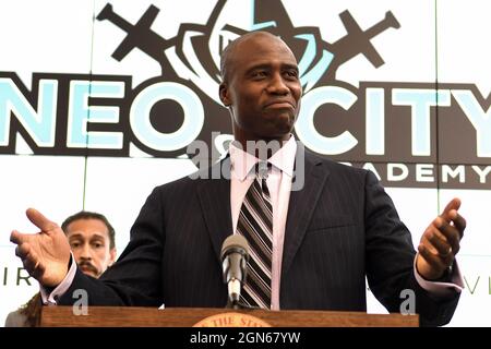 Kissimmee, United States. 22nd Sep, 2021. Newly appointed state Surgeon General Dr. Joseph Ladapo speaks during a press conference at Neo City Academy in Kissimmee, Florida.A day after being appointed, Ladapo instituted his first rule giving parents 'sole discretion' over whether their child wears a mask at school, and also allowing students who come in contact with the coronavirus to continue attending class if they remain asymptomatic. Credit: SOPA Images Limited/Alamy Live News Stock Photo