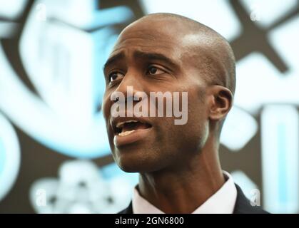 Kissimmee, United States. 22nd Sep, 2021. Newly appointed state Surgeon General Dr. Joseph Ladapo speaks during a press conference at Neo City Academy in Kissimmee, Florida.A day after being appointed, Ladapo instituted his first rule giving parents 'sole discretion' over whether their child wears a mask at school, and also allowing students who come in contact with the coronavirus to continue attending class if they remain asymptomatic. Credit: SOPA Images Limited/Alamy Live News Stock Photo