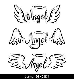 Angel wing with halo and angel lettering text set. Hand drawn line sketch style wing. Simple vector illustration. Stock Vector