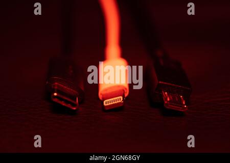 22 September 2021, Lower Saxony, Oldenburg: A USB-C (l-r), an Apple Lightning and a Micro-USB cable (l-r) can be seen next to each other. EU Commission presents proposal for unified mobile phone charging port. The issue of chargers has preoccupied EU institutions for more than a decade. In 2009, under pressure from the EU Commission, 14 mobile phone manufacturers - including Apple - agreed on a uniform standard for power supply units in a voluntary commitment. When it comes to the jacks in smartphones and tablet computers, three types remain from what were once several dozen: the now obsolete Stock Photo