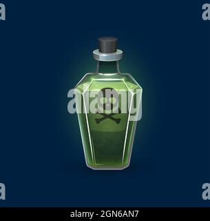 Witchcraft glass bottle with danger poison, magic potion drink, cartoon vector. Skull and crossbones toxic green poisonous potion in glass flask, deadly elixir vial for Halloween spooky alchemy Stock Vector