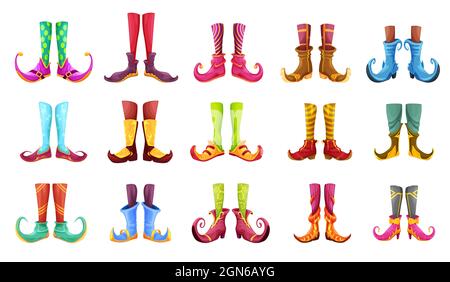 Cartoon legs of gnome, elf, wiz, magician, warlock, wizard and sorcerer. Cute vector feet in colorful stoking and nosy boots. Witch, Santa helper or leprechaun legs in funny shoes isolated cartoon set Stock Vector