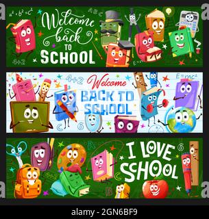 Back to school banners with cartoon funny books and stationery characters. Kids education, child school lessons vector horizontal banners with smiling textbook, paint and pen, chalkboard background Stock Vector