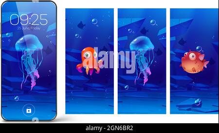 Smartphone lock screens with underwater animals, cartoon onboard pages for mobile phone. Digital wallpaper for device with cute puffer fish, jellyfish and octopus, user interface design collection Stock Vector