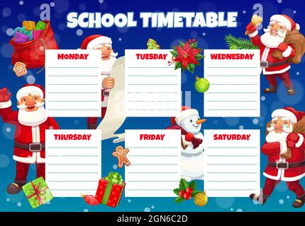 Children Christmas school timetable with Santa cartoon character. Child weekly schedule, kids classes planner template. Santa Claus carrying sack, ringing bell and reading wishes list cartoon vector Stock Vector