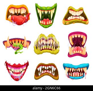 Scary and creepy drool monster grin jaws and mouths. Vector smiles ...