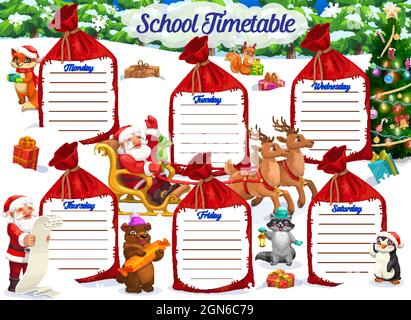 Christmas holiday school timetable or student education schedule. Vector week time table of class or lesson study plan, preschool pupil planner template on Xmas gift bags with Santa and Christmas tree Stock Vector