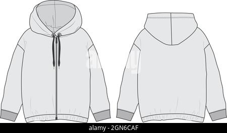Long sleeve Hoodie Sweat jacket with zipper overall technical fashion flat sketch template front and back views. Vector illustration Flat drawing. Stock Vector