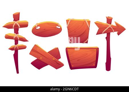 Wood banners, street signs, wooden boards with ropes and nails. Signboards for road direction arrows, labels for bar or saloon in rustic style. Blank panels, billboards Cartoon vector illustration set Stock Vector