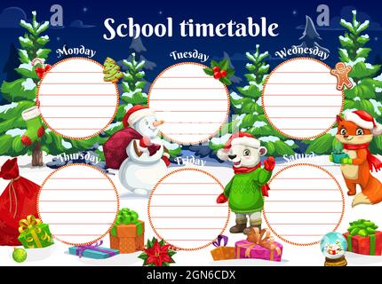 School timetable shedule with Christmas animal characters. Child lessons weekly schedule, holiday planner. Polar bear and fox in Santas hat, snowman with gifts sack in spruce forest cartoon vector Stock Vector