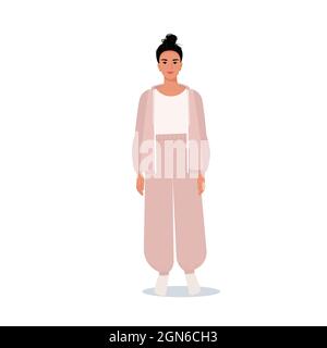 Young woman with a bunch on her head in a sports suit. Vector female character in flat style Stock Vector