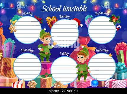 Child school timetable with Christmas elfs and gifts. Kid education daily planner template, week schedule with cute Santa fantasy helpers and wrapped presents, gingerbread cookie cartoon vector Stock Vector