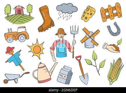 farmer jobs or profession doodle hand drawn set collections with ...