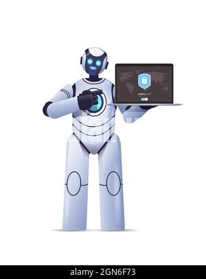 robot cyborg holding laptop with protection shield cyber security data protection artificial intelligence technology Stock Vector