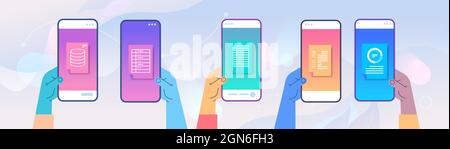 human hands using mobile app online data statistics remote business control on smartphone screens Stock Vector