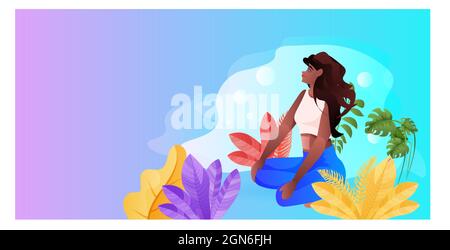 young woman sitting lotus pose african american girl doing yoga exercises healthy lifestyle meditation concept Stock Vector