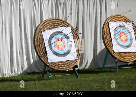 Targets pictured during an archery session in Hampshire, UK. Stock Photo