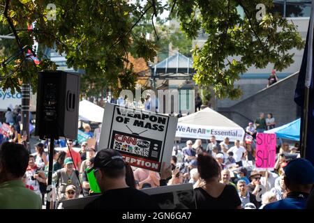 Vancouver, Canada - September 8,2021: View of sign /media is a weapon of mass during the rally against the BC Vaccine Card in front of Vancouver City Stock Photo