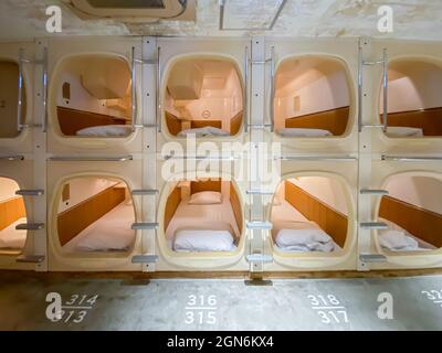 Tokyo, Japan - 22 November 2019: Interior view of Capsule Hotel 9h ninehours in Tokyo, Japan Stock Photo