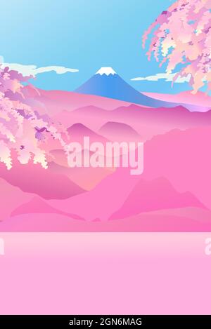 Pinkish top surface in front of colorful Sakura blossoms and Fuji mountain for display or montage your products concept Stock Vector