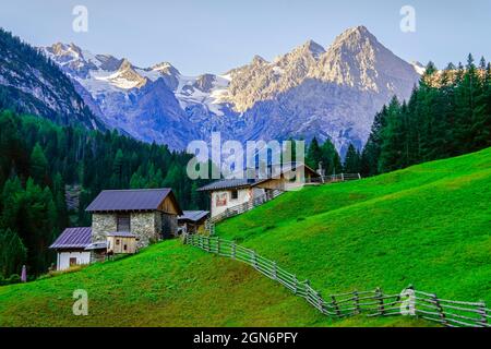 Beautiful Alpine landscape with a cottage in the foreground, Stelvio, South Tyrol, Lombardy, Italy, Stock Photo