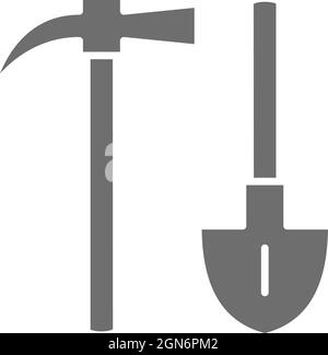 Mining axe with shovel grey icon. Isolated on white background Stock Vector