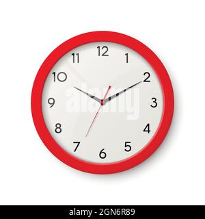 Vector 3d Realistic Red Wall Office Clock Isolated. White Dial. Design Template of Wall Clock Closeup. Mock-up for Branding, Advertise. Top, Front Stock Vector