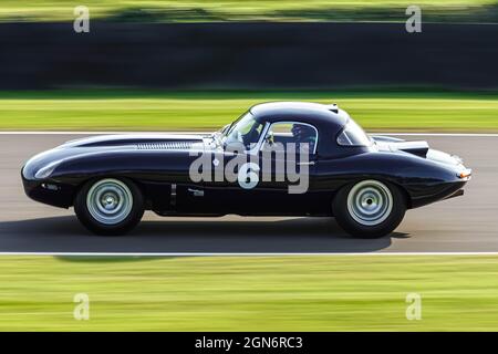Rob Huff/Richard Meins, driving the Jaguar E-type FHC, during practice for the Goodwood Revival's RAC TT race. Stock Photo