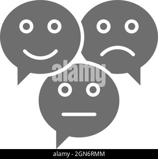 Person with speech bubble and sad face gray icon. Feedback