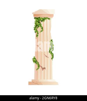 Ancient Greek column with ivy climbing branches. Roman pillar. Building design elements and decoration. Stock Vector