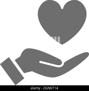 Hand holds heart, care, kindness charity, donation grey icon. Stock Vector