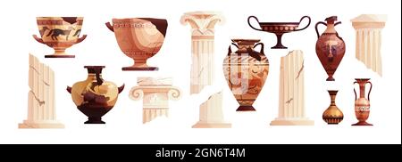Broken ancient vases and Greek columns. Ancient Roman pillar. Ceramic archaeological pot. Stock Vector