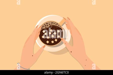 Coffee Break Cup of Coffee Marshmallow Girl Hands Hot Drink Top View Stock Vector