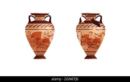 Broken ancient vases. Ceramic archaeological pot. Antique traditional clay jar for wine. Stock Vector