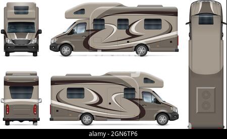 RV motorhome vector mockup on white for vehicle branding, corporate identity. All elements in the groups on separate layers for easy editing Stock Vector