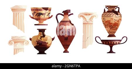 Broken ancient vases and Greek columns. Ancient Roman pillar. Ceramic archaeological pot. Stock Vector