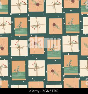 Christmas and Happy New Year seamless pattern with Christmas gift boxes, fir branches and berries. Vector design template. Digital paper. Stock Vector