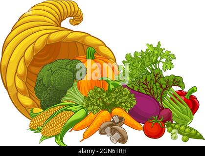 Cornucopia Gold Horn Of Plenty Vegetables Cartoon Stock Vector