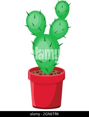 Beautiful natural cactus in a red pot vector illustration. Home table plant succulent isolated flat object. Thorny colorful desert plant. Stock Vector