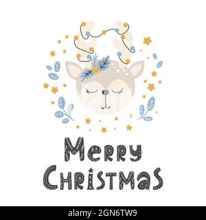 Cute animal deer in scandinavian style with lettering - merry christmas. Vector hand-drawn colored children's simple. Cartoon animal. Stock Vector