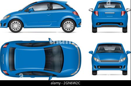 Blue car vector mockup on white background for vehicle branding, corporate identity. All elements in the groups on separate layers for easy editing Stock Vector