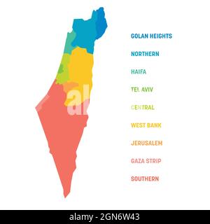 Colorful political map of Israel. Administrative divisions - districts and three special territories - Gaza Strip, West Bank and Golan Heights. Simple flat vector map with labels.