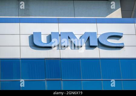 Hsinchu, Taiwan. 22nd Sep, 2021. The UMC (United Microelectronics Corporation) logo seen on the Taiwanese semiconductor company building in Hsinchu. (Photo by Walid Berrazeg/SOPA Images/Sipa USA) Credit: Sipa USA/Alamy Live News Stock Photo