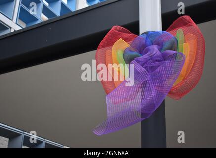 A rainbow ribbon to celebrate MK Pride at a multi-storey car park in Central Milton Keynes. Stock Photo