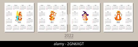 Square calendar 2022. Happy New Year. Tiger. Chinese horoscope. Vector isolated cartoon illustration of tigers. Set of desk table pocket calendars Stock Vector