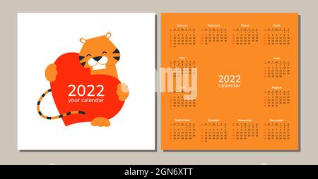 Square desk table wall calendar 2022. Happy New Year. Tiger. Chinese horoscope. Vector isolated cartoon illustration of tiger with red heart. Love and Stock Vector