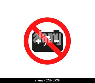 Stop using battery, forbidden sign with battery icon isolated on white background, eps 10 Stock Vector