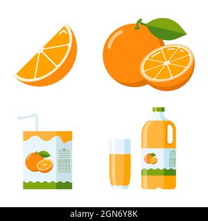 Fresh Orange Fruit and Juice Set. Flat Style collection orange slice and whole fruit, orange juice packages, carton, glass, Plastic bottle. Premium vector Stock Vector