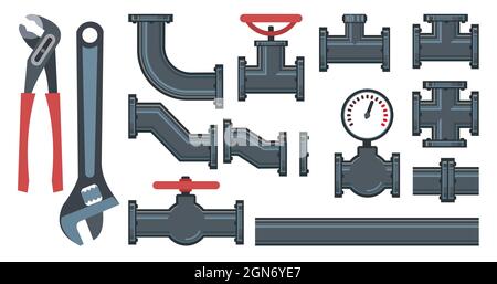 Set. Fittings, taps, bends, fittings and Wrench.. Spare parts for pipelines, sewerage, gas pipelines and any liquids. Isolated on a white background. Stock Vector